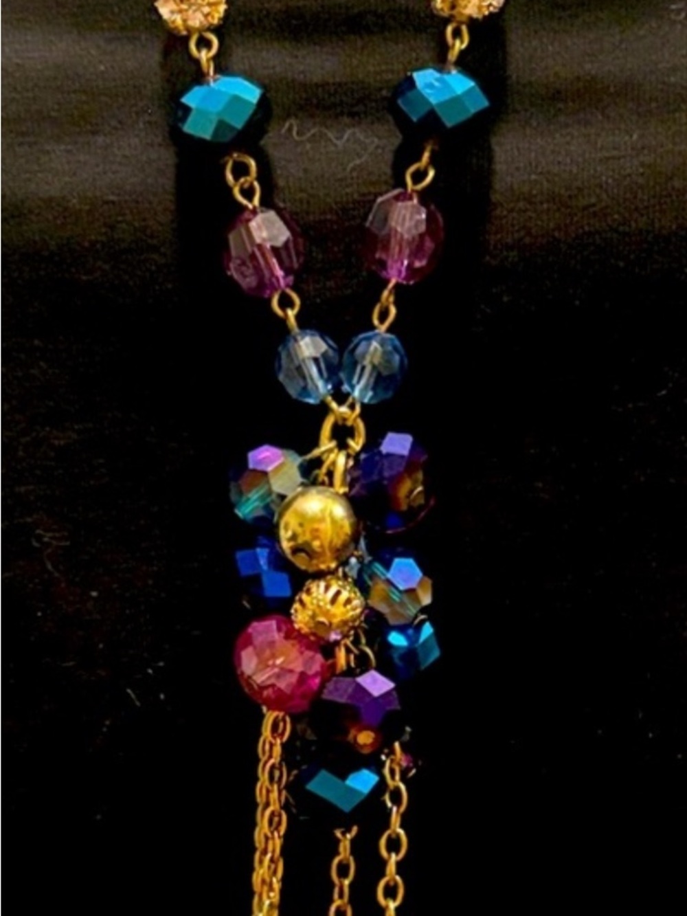 Vintage purple Gold and Blue Beaded Necklace gold tone